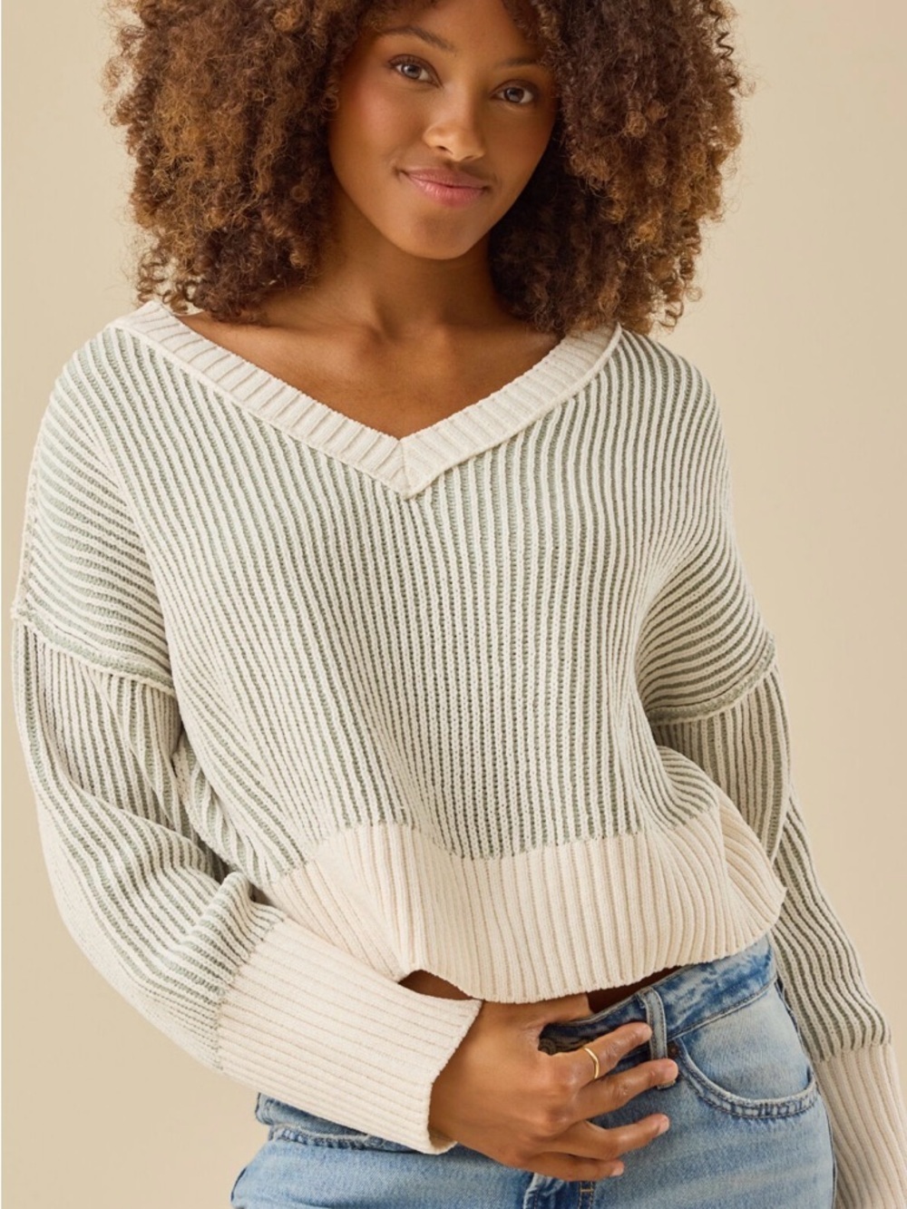 Altar'd State Cropped Chenille  V-Neck Sweater - Cream & Light Gray